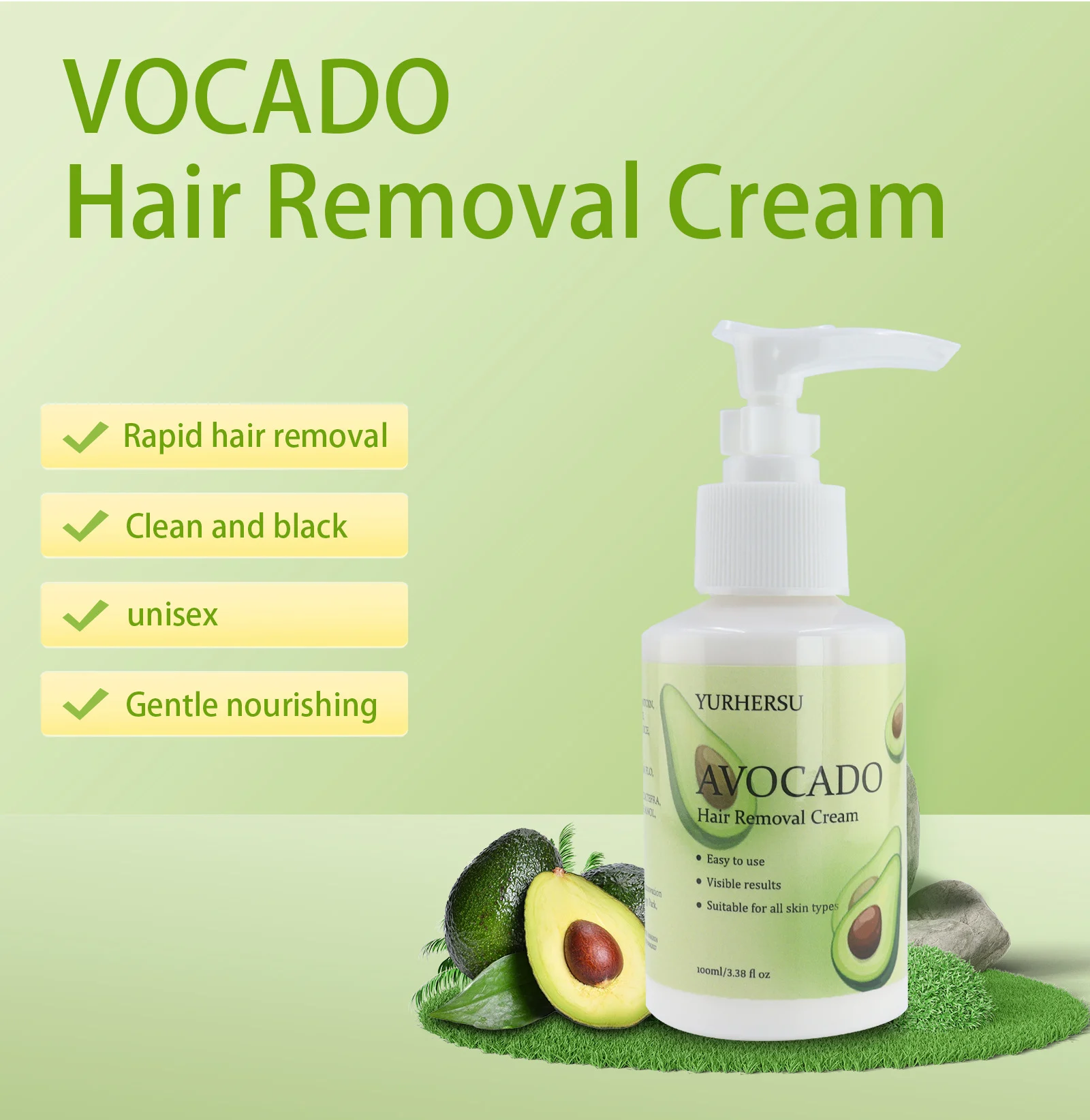 YURHERSU Avocado Hair Removal Cream - Gentle, Fast-Action, for All Skin Types 1 avocado hair removal cream spu952618970105 desc 1