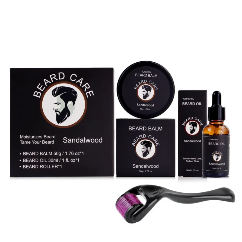 YURHERSU Sandalwood Beard Care Kit - Balm, Oil, Roller for Moisturizing & Styling