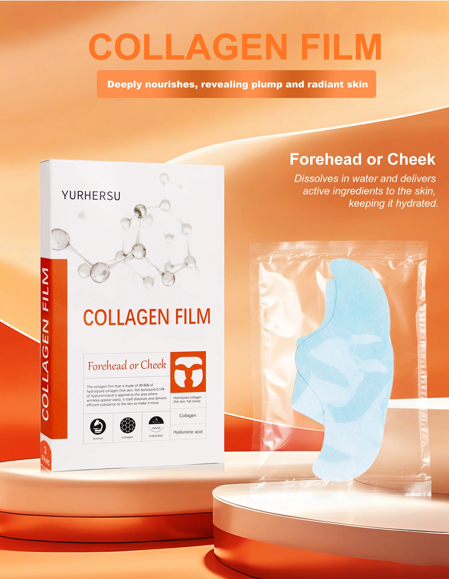 YURHERSU Collagen Film 3 Pairs Moisturizing Hydrating Facial Mask 2 collagen film facial mask spu743895678582 desc 2
