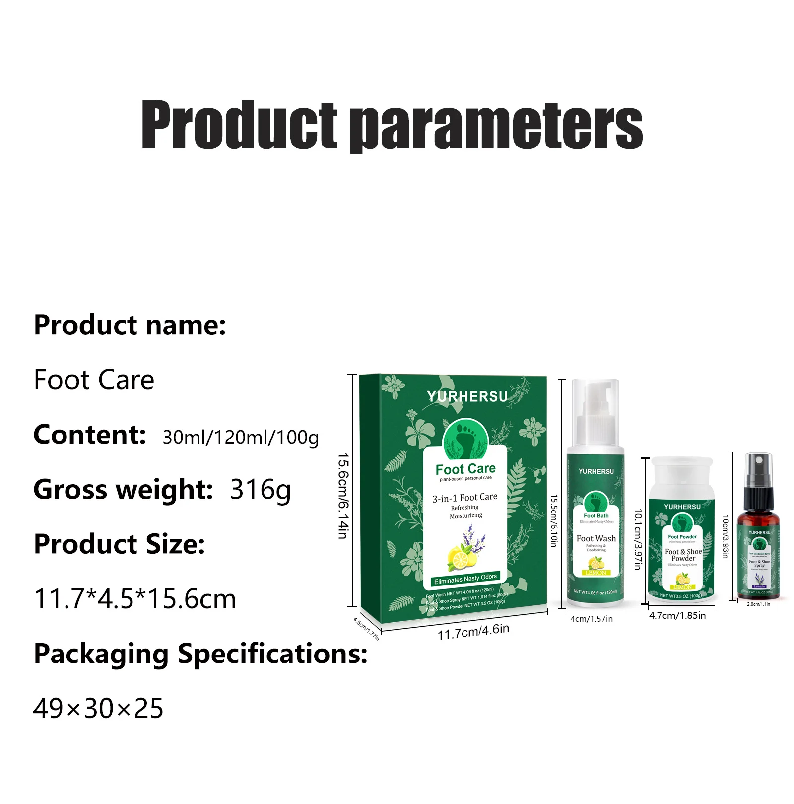 YURHERSU 3-in-1 Foot Care Set - Plant-Based Deodorizing Spray, Wash & Powder 1 foot care spray set spu952538946088 desc 1