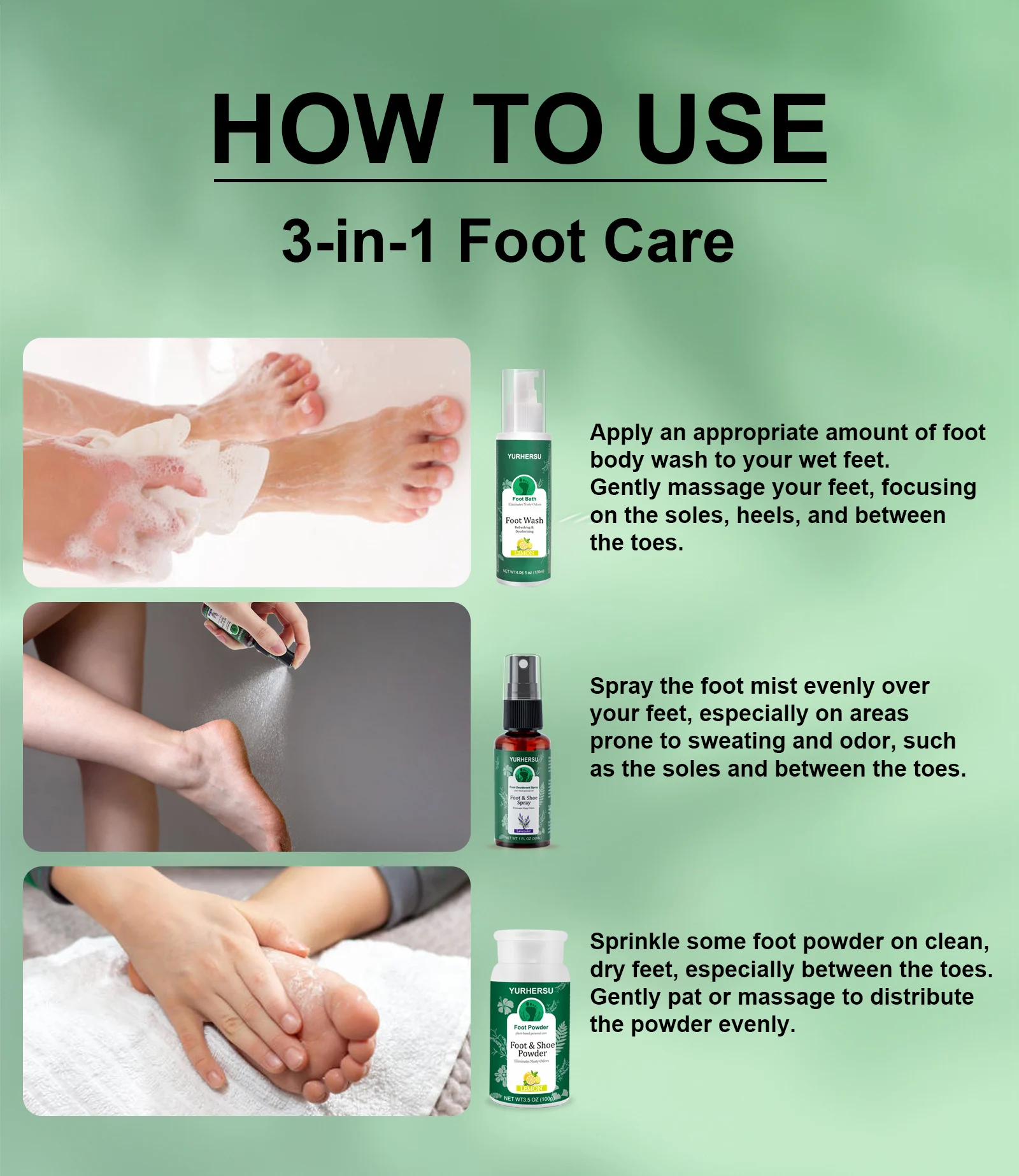 YURHERSU 3-in-1 Foot Care Set - Plant-Based Deodorizing Spray, Wash & Powder 10 foot care spray set spu952538946088 desc 10