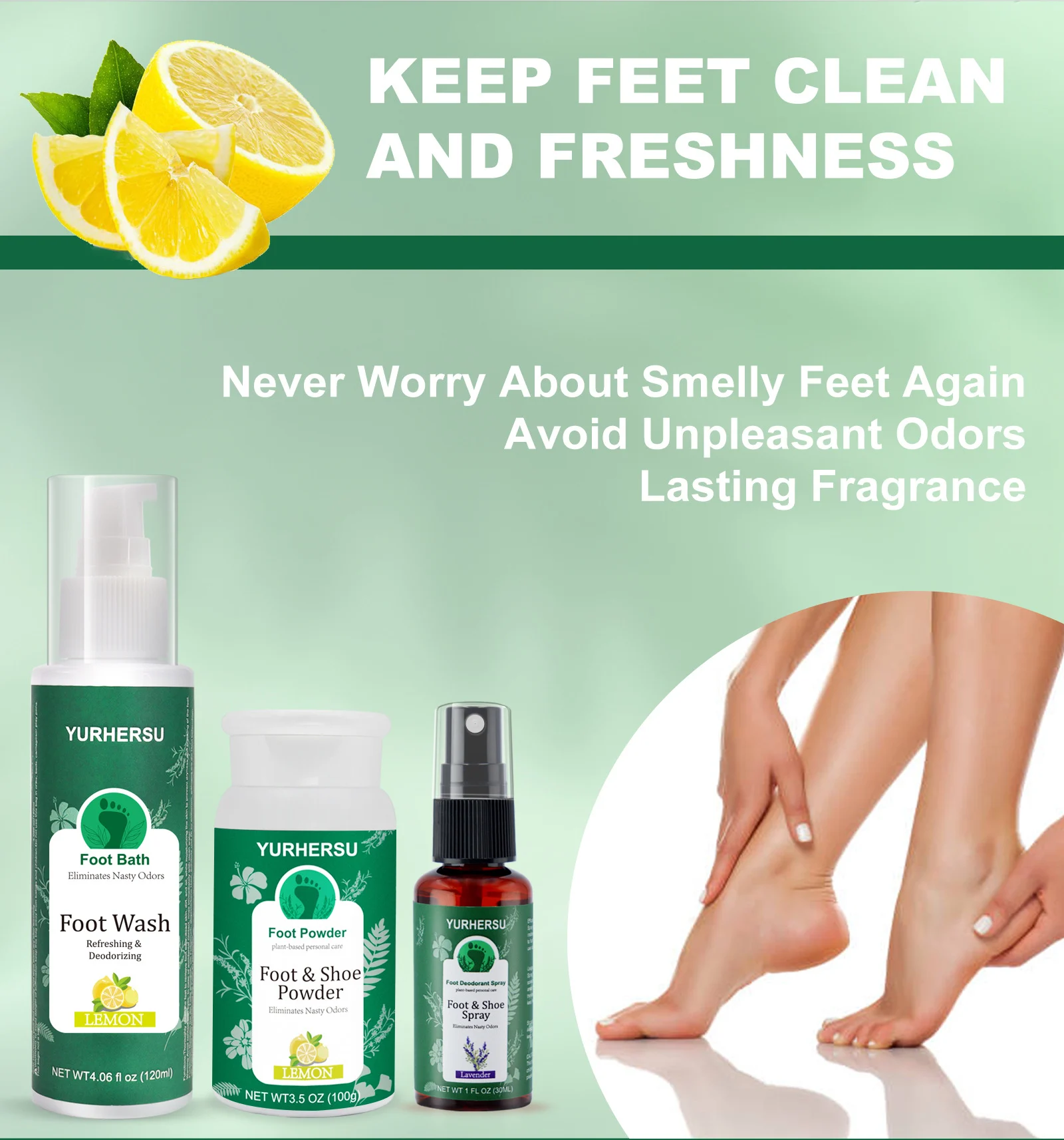 YURHERSU 3-in-1 Foot Care Set - Plant-Based Deodorizing Spray, Wash & Powder 3 foot care spray set spu952538946088 desc 3