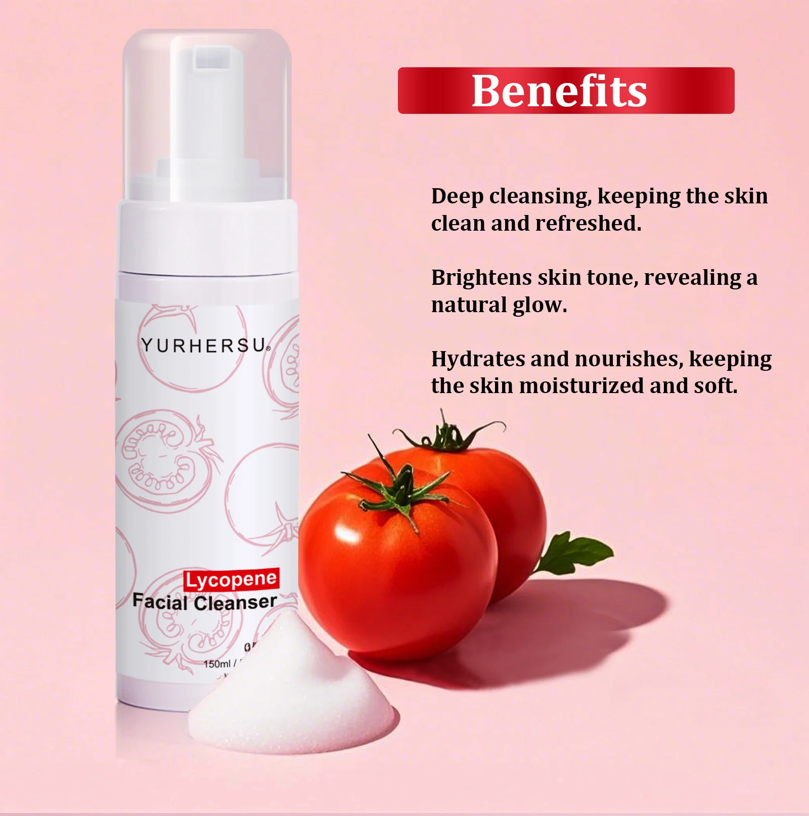 YURHERSU Lycopene Facial Cleanser Foam - Gentle Deep Cleansing, Brightening & Hydrating 3 lycopene facial cleanser foam spu941097973966 desc 3