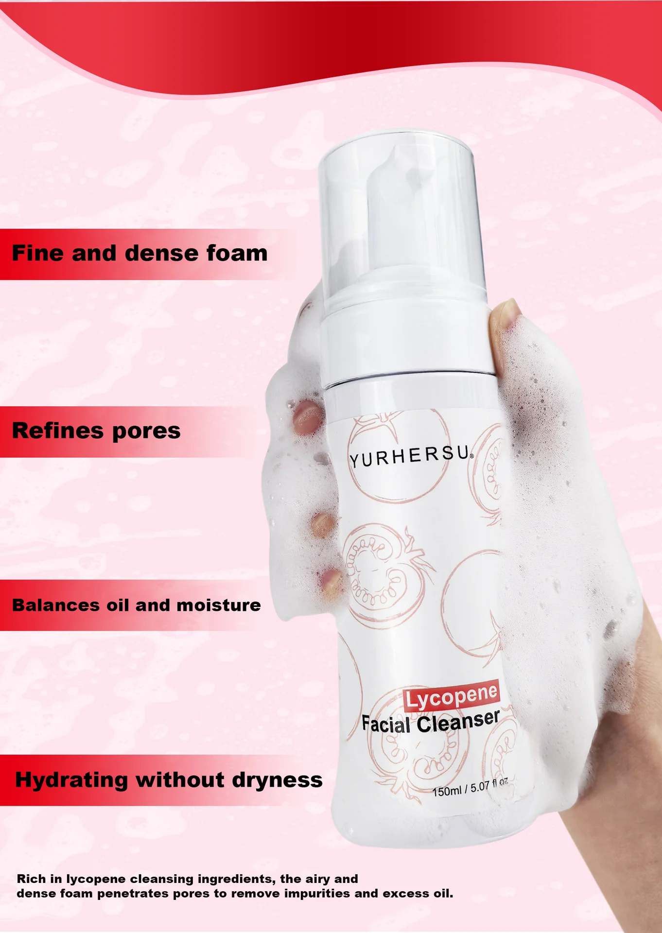 YURHERSU Lycopene Facial Cleanser Foam - Gentle Deep Cleansing, Brightening & Hydrating 5 lycopene facial cleanser foam spu941097973966 desc 5