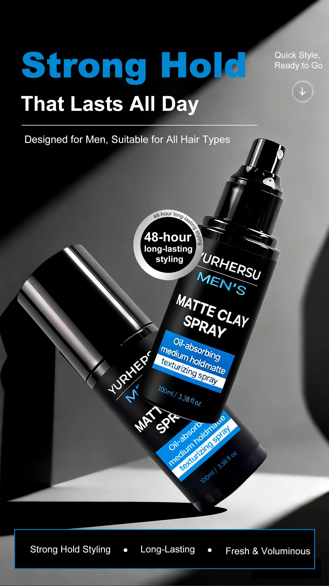 YURHERSU Men's Matte Clay Texturizing Hair Spray, 100ml, Strong Hold, Oil-Absorbing 2 mens matte clay hair spray spu1012753174283 desc 2