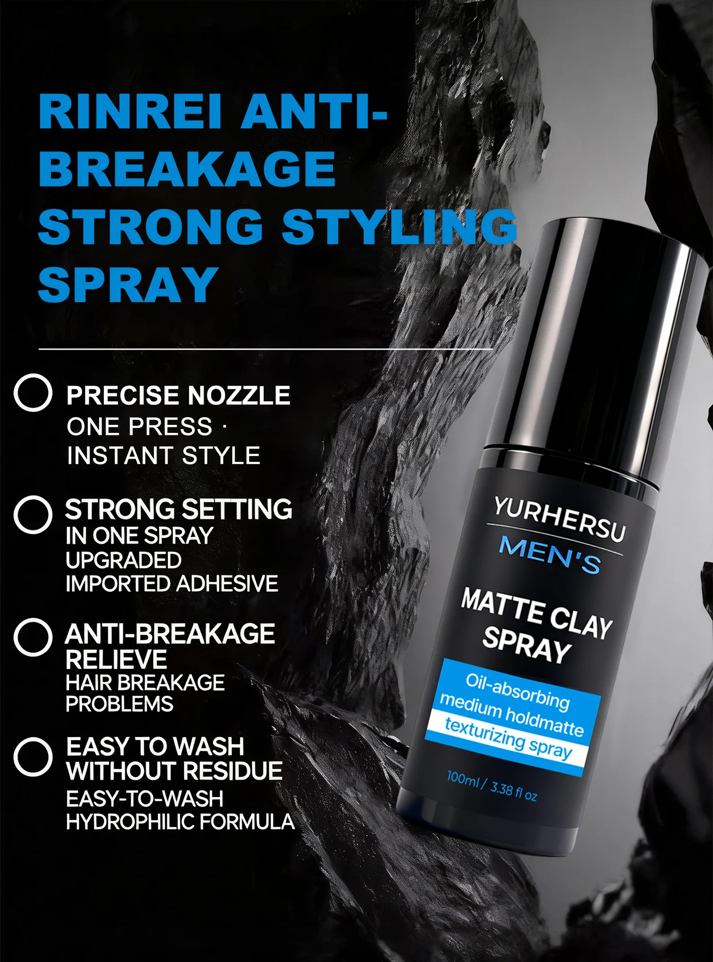 YURHERSU Men's Matte Clay Texturizing Hair Spray, 100ml, Strong Hold, Oil-Absorbing 4 mens matte clay hair spray spu1012753174283 desc 4