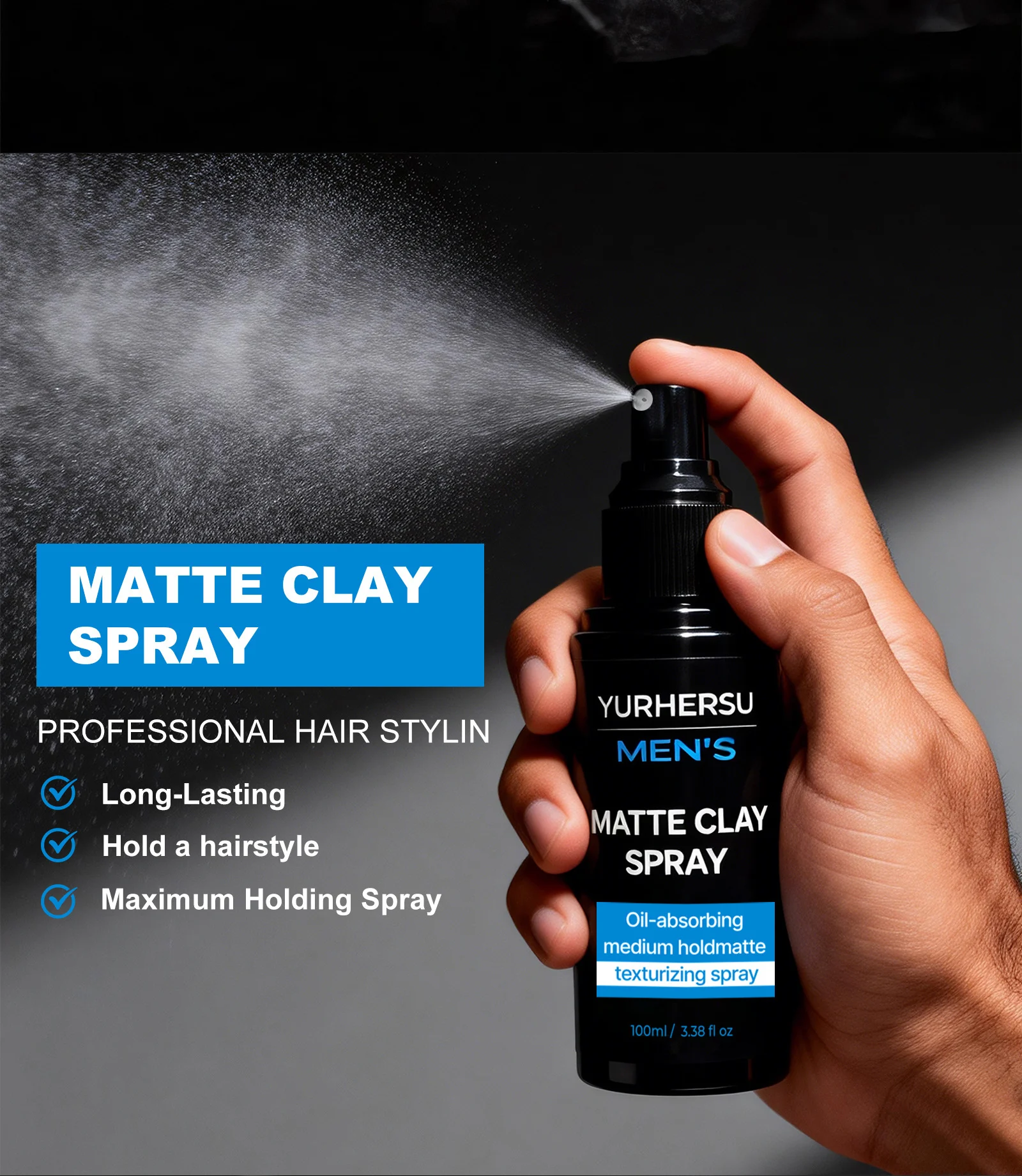 YURHERSU Men's Matte Clay Texturizing Hair Spray, 100ml, Strong Hold, Oil-Absorbing 5 mens matte clay hair spray spu1012753174283 desc 5