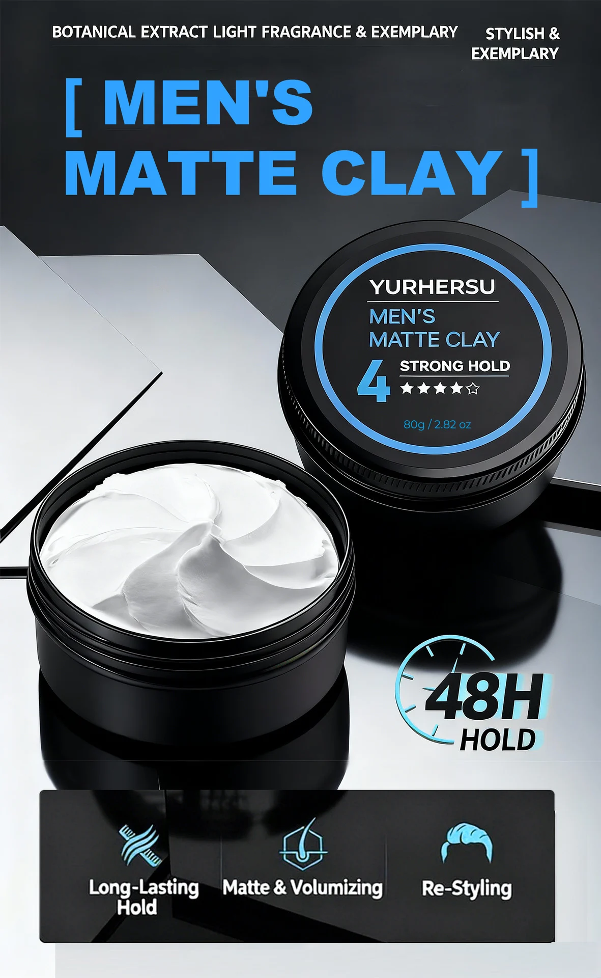 YURHERSU Men's Matte Clay Hair Wax, Strong Hold, Long-Lasting Styling 2 mens matte hair clay spu1002751438288 desc 2