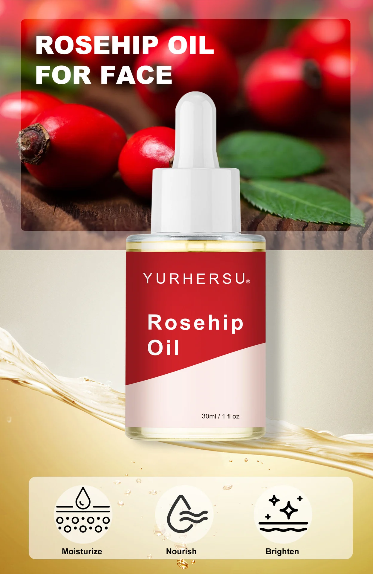 YURHERSU Rosehip Oil 30ml for Face & Body, Deeply Nourishes, Moisturizes & Enhances Skin Barrier 3 rosehip oil face body spu862764243005 desc 3