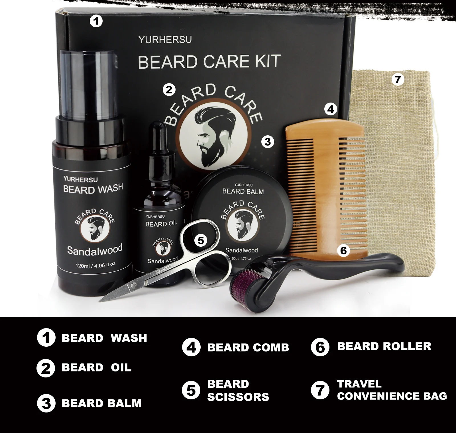 YURHERSU Sandalwood Beard Care Kit - 7 Piece Set for Taming, Moisturizing & Shine 9 sandalwood beard care kit spu806835270914 desc 9