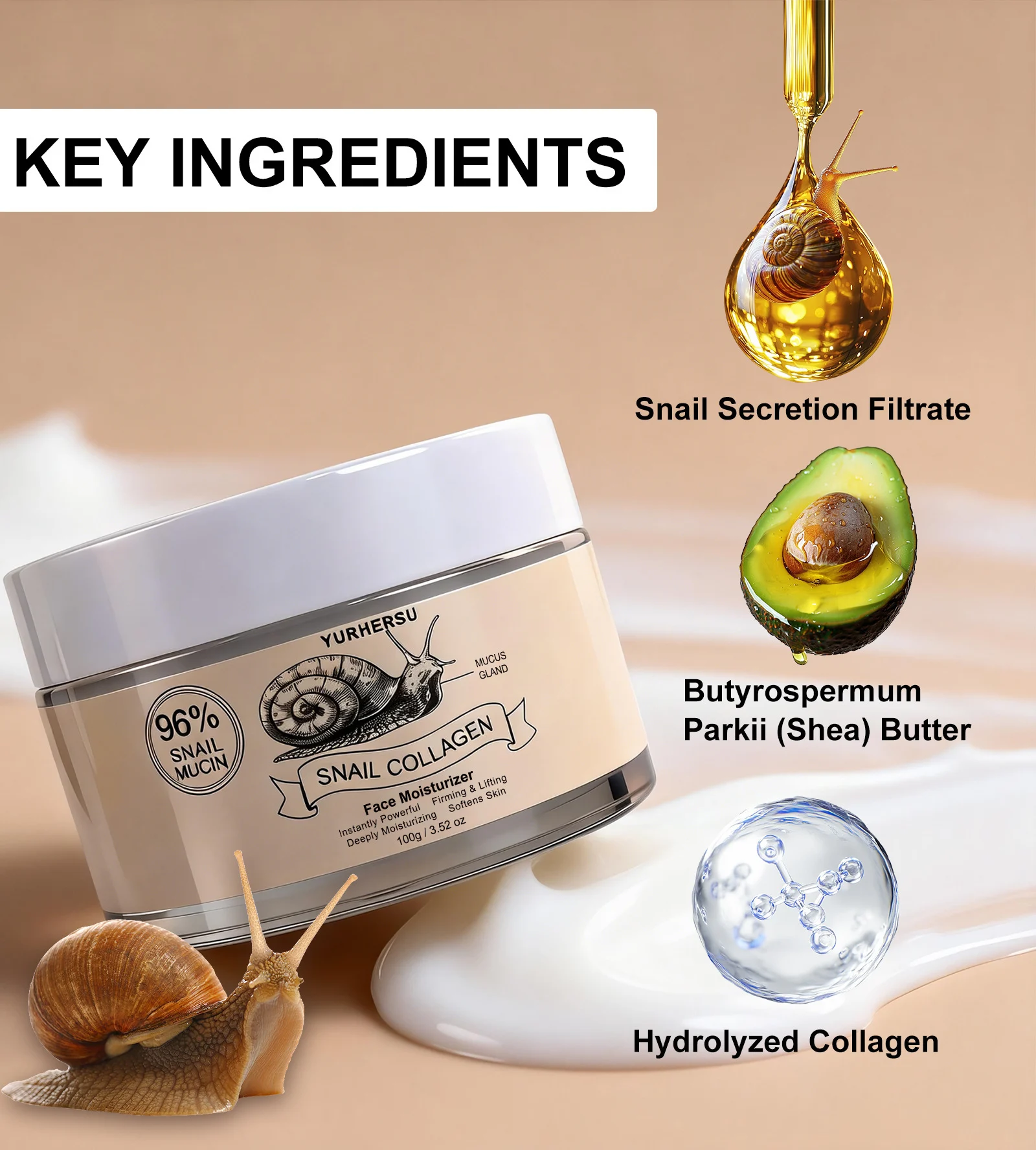 YURHERSU 96% Snail Collagen Face Cream Deep Moisturizing Firming & Lifting 2 snail collagen face cream spu1013254221435 desc 2