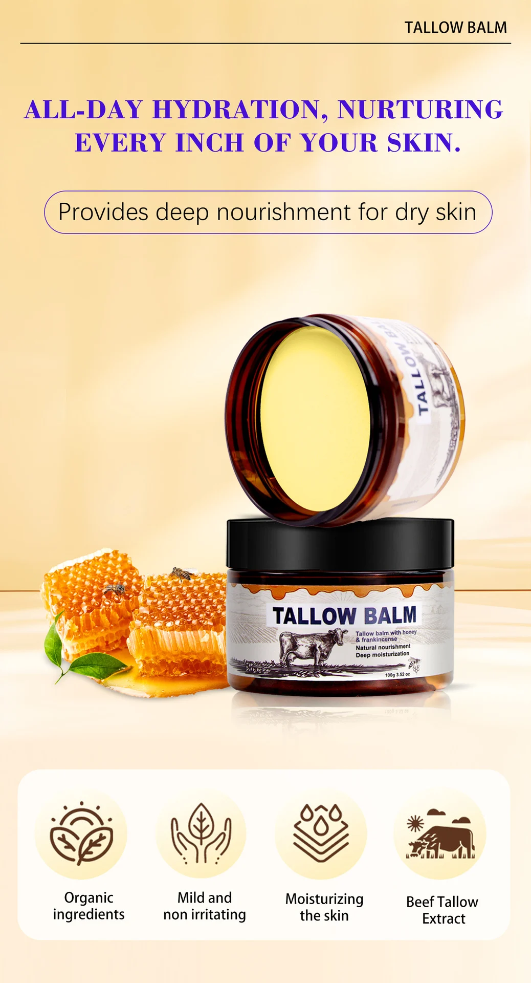 YURHERSU Tallow Balm with Honey & Frankincense - 100g Deeply Nourishing Moisturizer for Face & Body 3 tallow balm moisturizer spu860337018842 desc 3