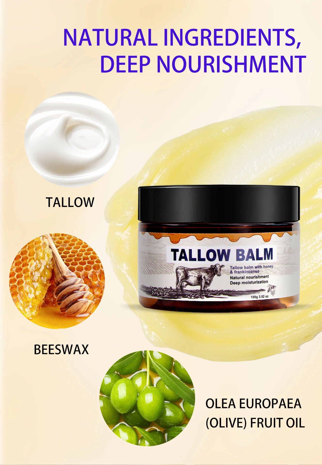YURHERSU Tallow Balm with Honey & Frankincense - 100g Deeply Nourishing Moisturizer for Face & Body 6 tallow balm moisturizer spu860337018842 desc 6