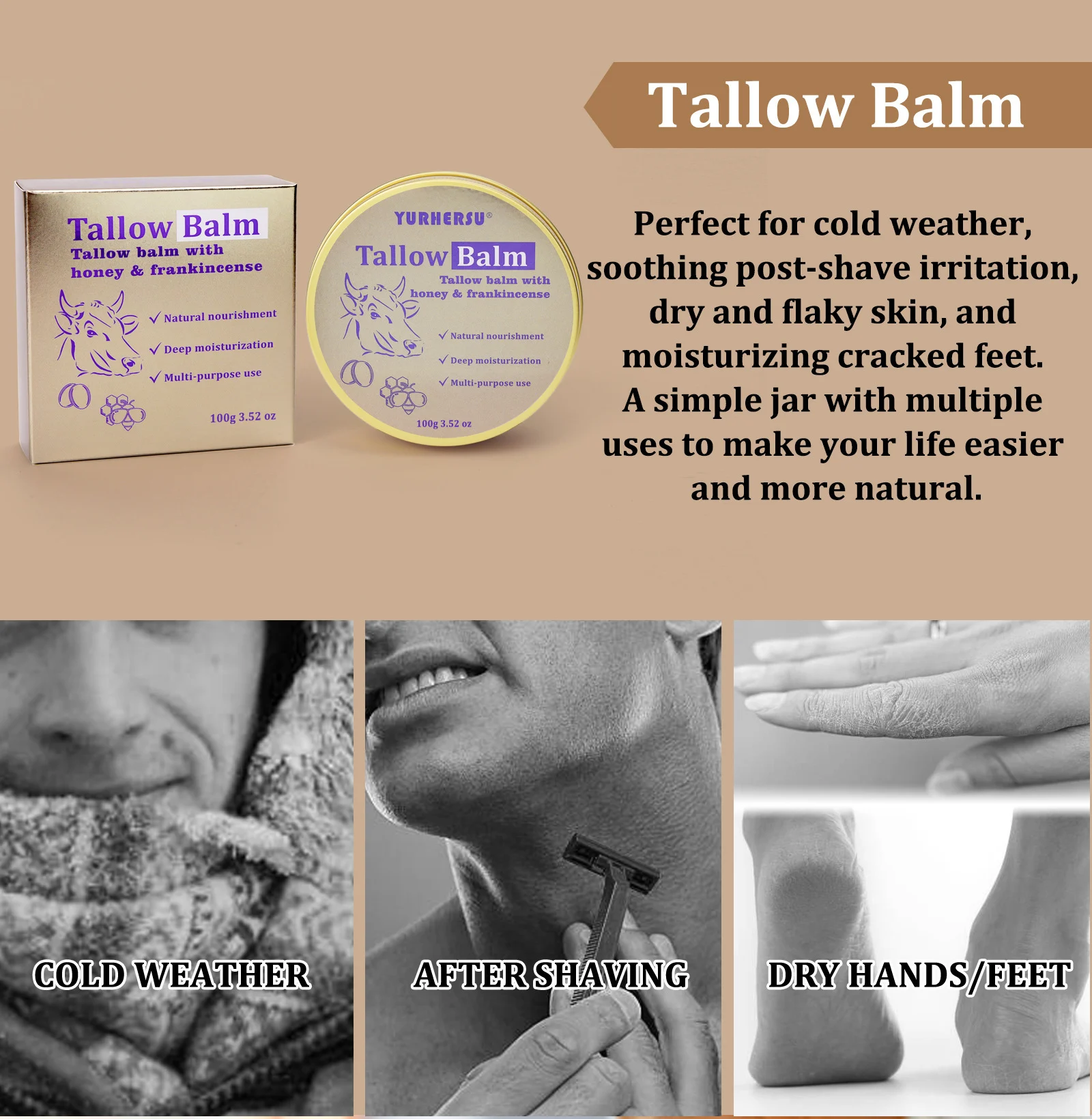 YURHERSU Tallow Balm with Honey & Frankincense - Deep Moisturizing Skin Cream 5 tallow balm moisturizer spu974773749336 desc 5