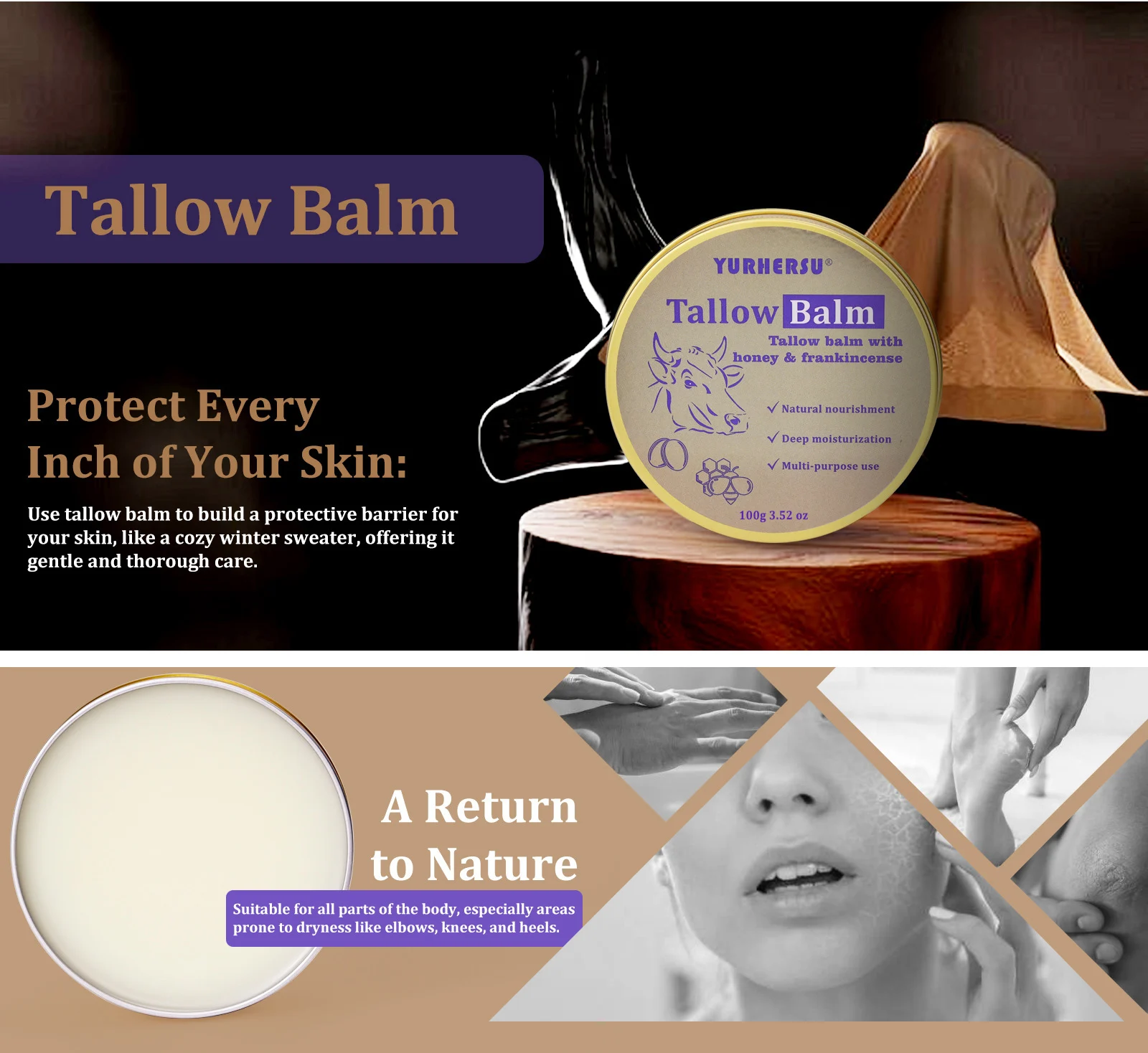 YURHERSU Tallow Balm with Honey & Frankincense - Deep Nourishing Skin Cream 1 tallow balm skin cream spu973228504210 desc 1