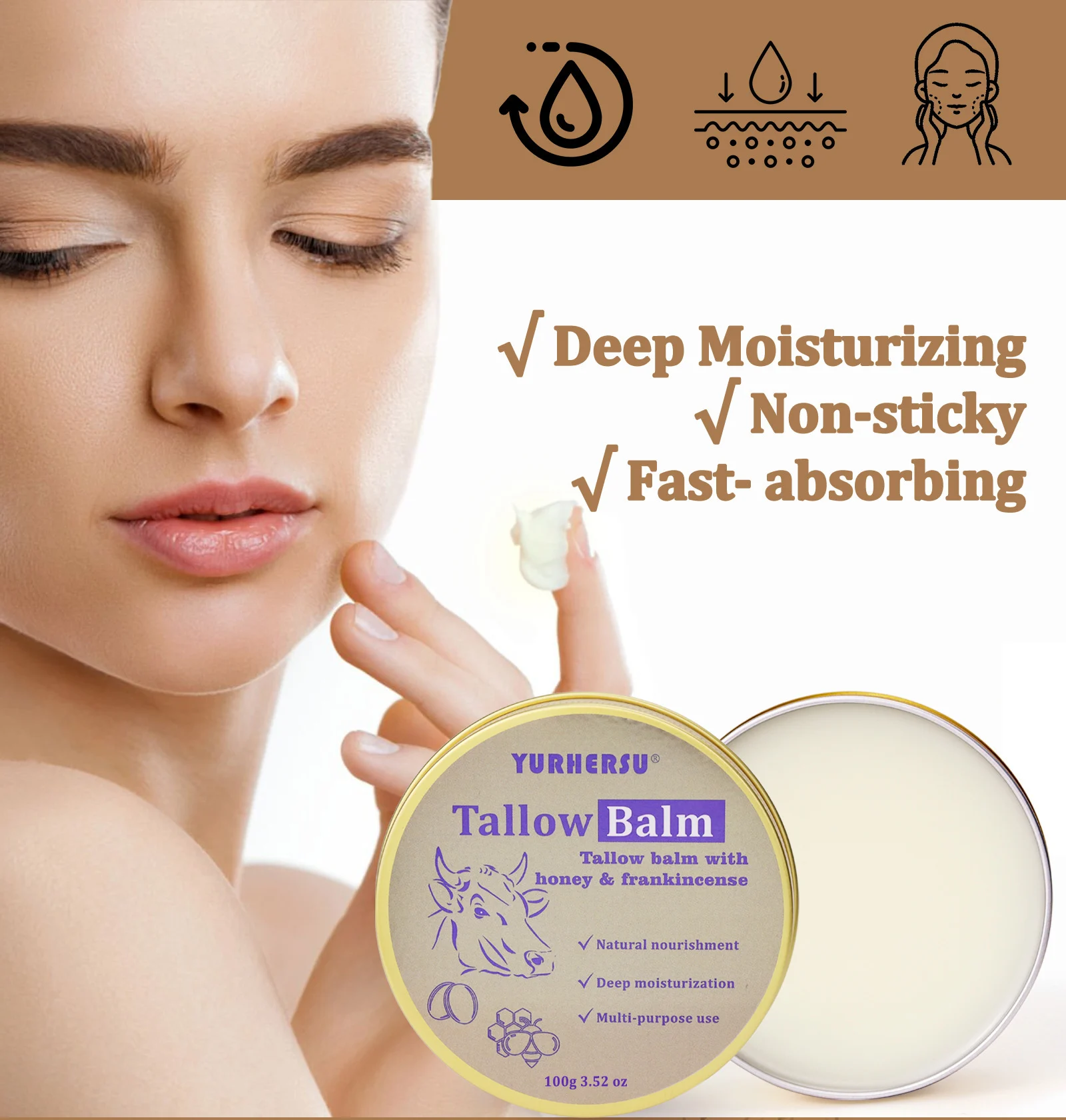 YURHERSU Tallow Balm with Honey & Frankincense - Deep Nourishing Skin Cream 2 tallow balm skin cream spu973228504210 desc 2