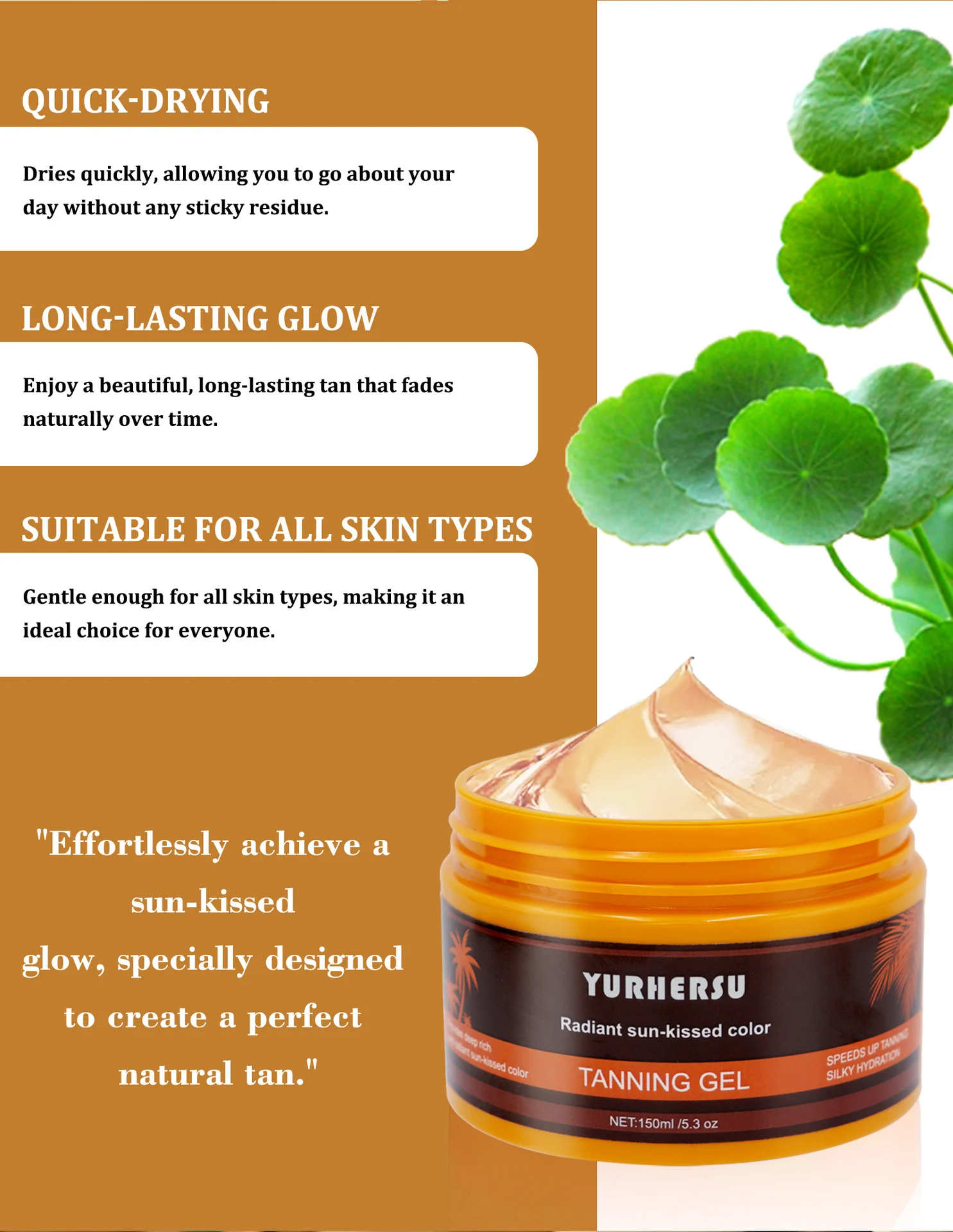 YURHERSU Rigorous Tanning Gel - Sun-Kissed Bronzer for Face & Body - Fast Absorbing, 150ml 7 tanning gel bronzer moisturizer spu820929999548 desc 7