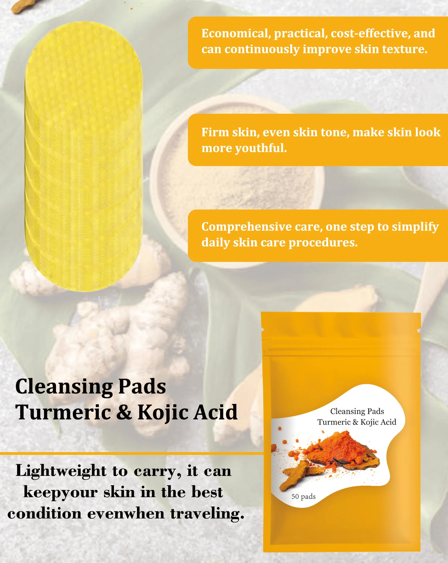 YURHERSU Turmeric & Kojic Acid Cleansing Pads for Exfoliating & Brightening 4 turmeric kojic acid cleansing pads spu820926819867 desc 4