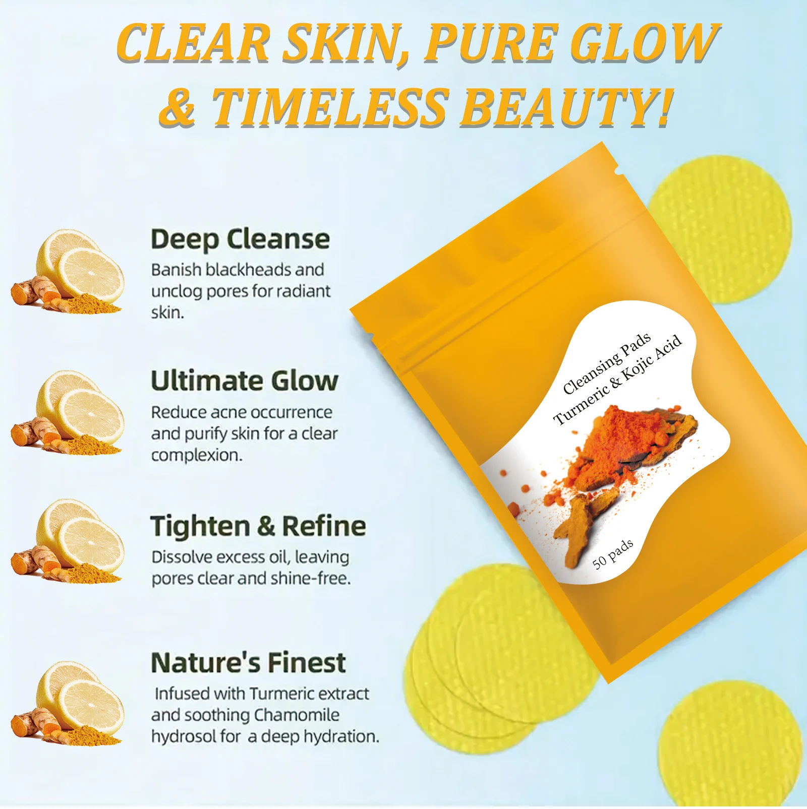 YURHERSU Turmeric & Kojic Acid Cleansing Pads for Exfoliating & Brightening 9 turmeric kojic acid cleansing pads spu820926819867 desc 9